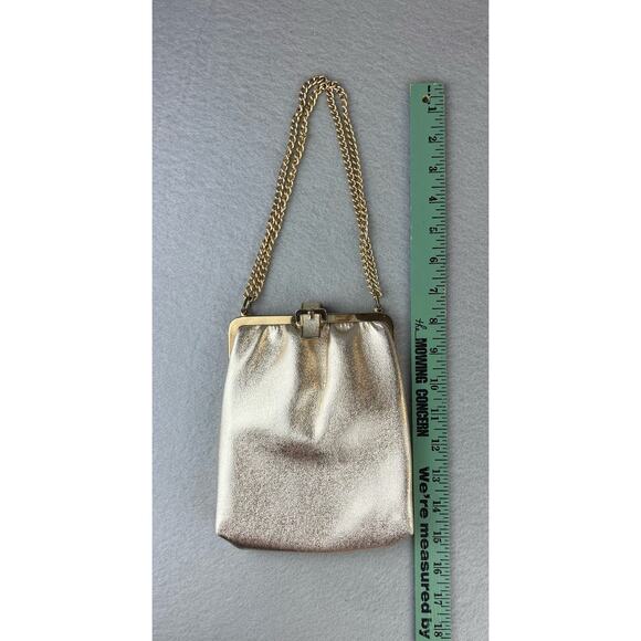 Vintage Shiny Gold Metallic Clutch Evening Bag Buckle Detail Gold Chain Strap - Picture 9 of 11